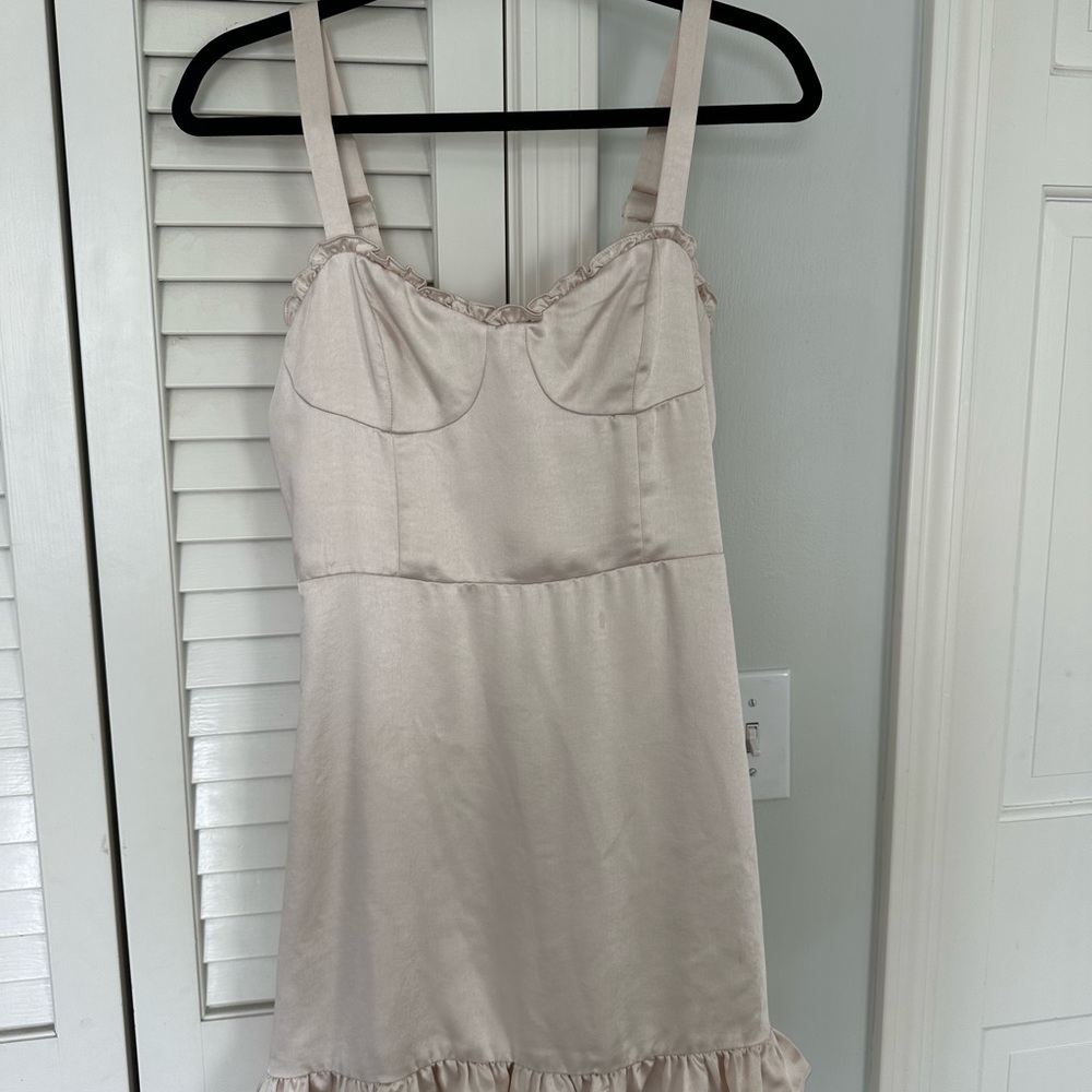 Etiquette Clothiers Satin Slip Dress in Light Beige